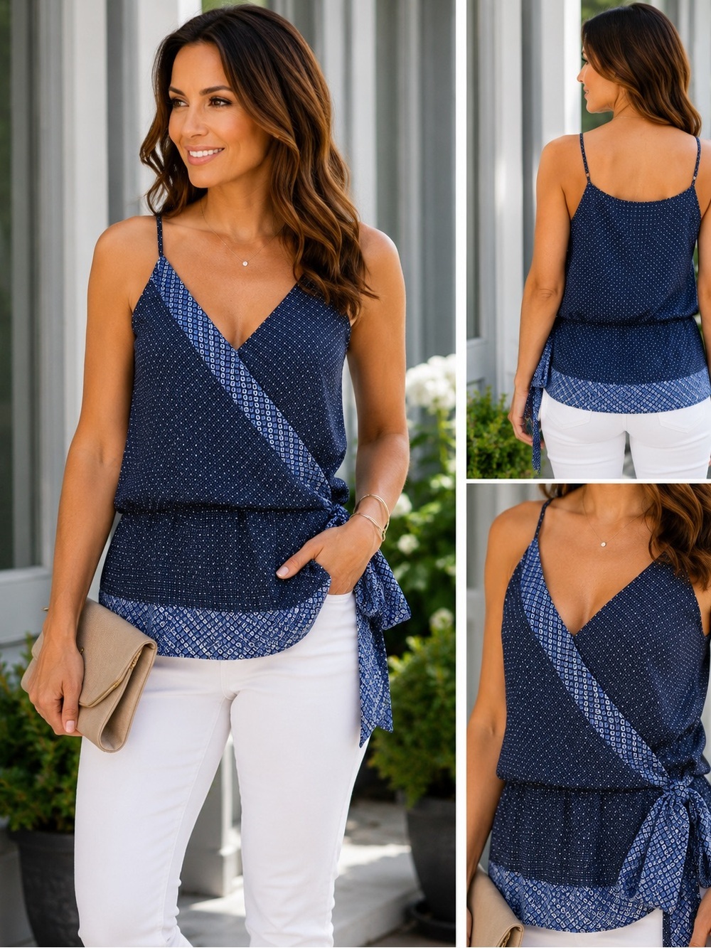 Banana Republic Wrap Tank Blouse Blue Geometric Print Tie Waist Size S